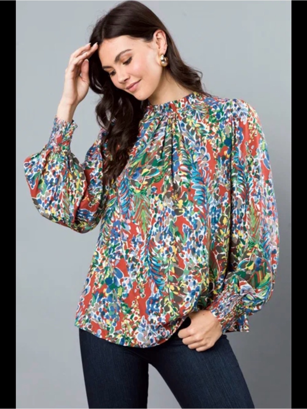 JODIFL Blouse Top Large Multicolor Floral Smocked Cuff Ruffle High Neck